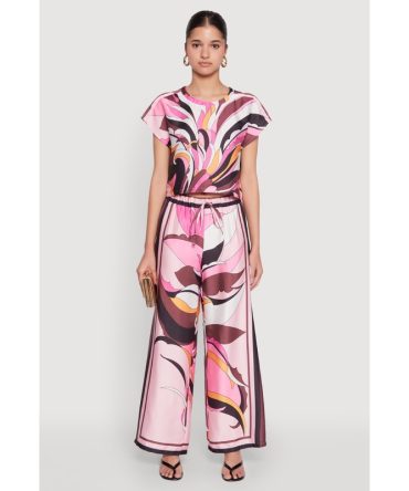 Printed Wide Leg Satin Pants