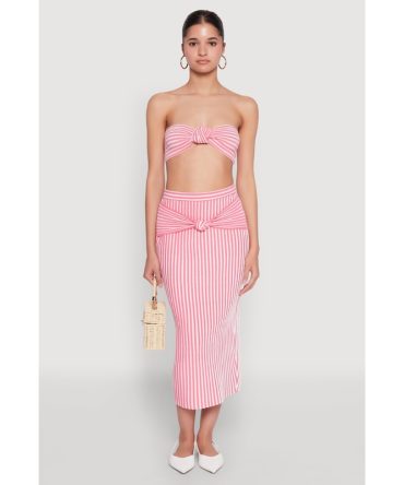 Striped Knot Front Knit Pencil Skirt