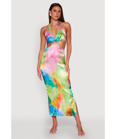 Tie Dye Satin Keyhole Halter Maxi Dress