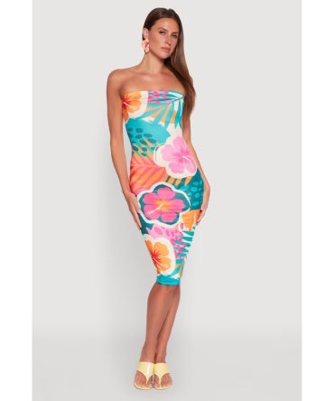 Tropical Floral Print Tube Dress