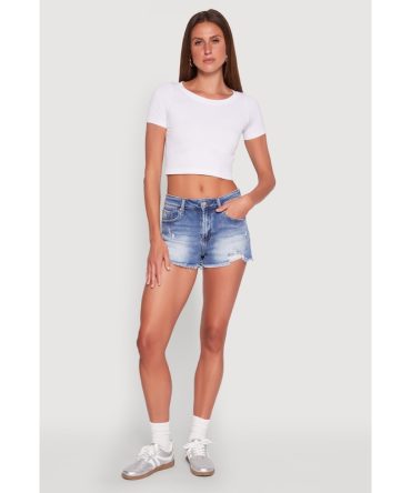 WAX Distressed Frayed Hem Denim Shorts