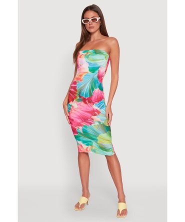 Abstract Tropical Floral Print Tube Dress