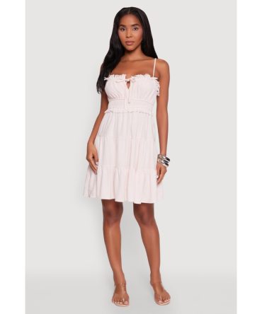 Haute Monde Linen Sleeveless Tiered Dress with Frayed Detail