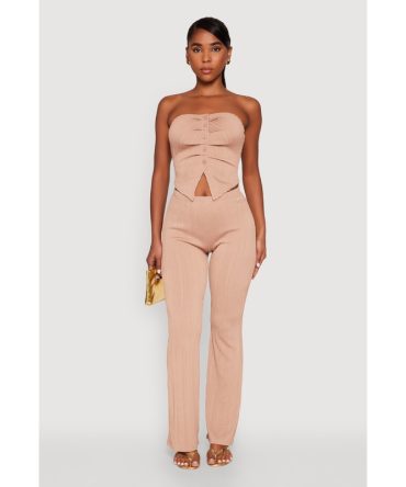 High Waisted Flared Rib Knit Pants