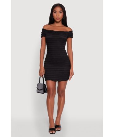 Textured Knit Bow Detail Off The Shoulder Dress