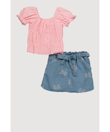 Toddler Girls Trendy Smocked Puff Sleeve Top and Butterfly Print Skirt