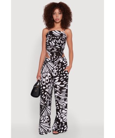Trendy Abstract Butterfly Print High Waisted Wide Leg Pants