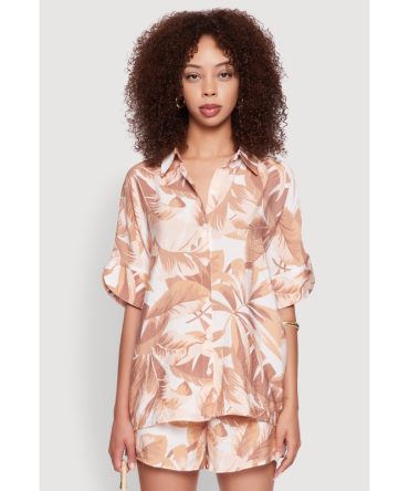 Trendy Leaf Print Crepe Knit Button Front Shirt
