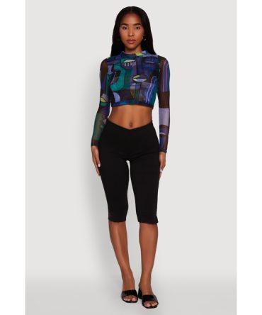 Trendy Mesh Sheer Long Sleeve Crop Top with Printed Pattern