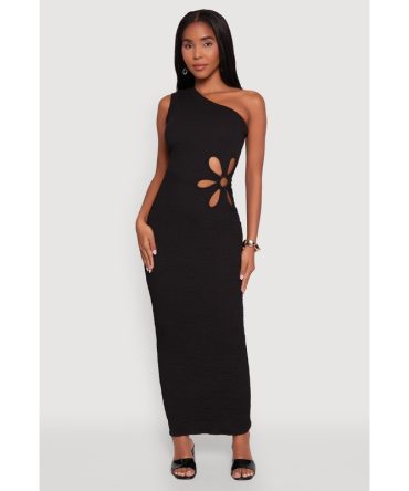Trendy One Shoulder Flower Cut Out Maxi Dress