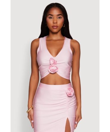 Trendy Rose Applique Sleeveless V-Neck Ruched Crop Top