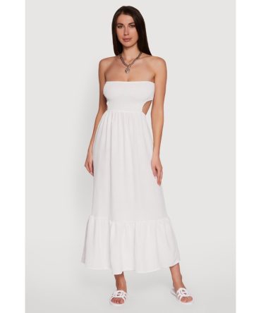 Trendy Smocked Strapless Keyhole Detail Tiered Dress