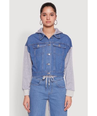 Color Block Fleece Hooded Jean Jacket