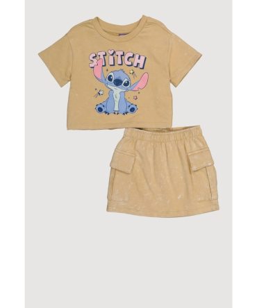 Little Girls Mineral Wash Stitch Graphic Tee and Cargo Skirt
