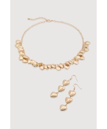 Metallic Puff Heart Necklace and Drop Earrings Set