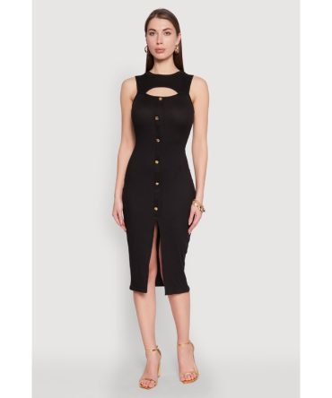 Rib Knit Slit Front Keyhole Midi Dress