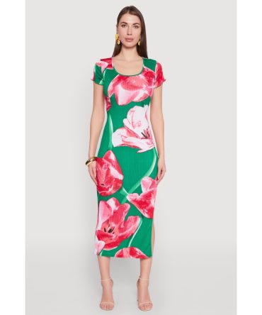 Ribbed Knit Abstract Floral Print Side Slit Dress