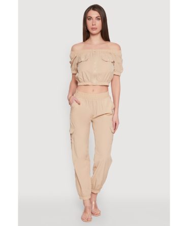 Smocked High Waisted Cargo Joggers