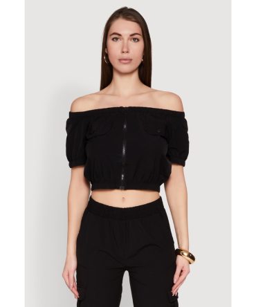 Zip Front Bubble Sleeve Crop Top