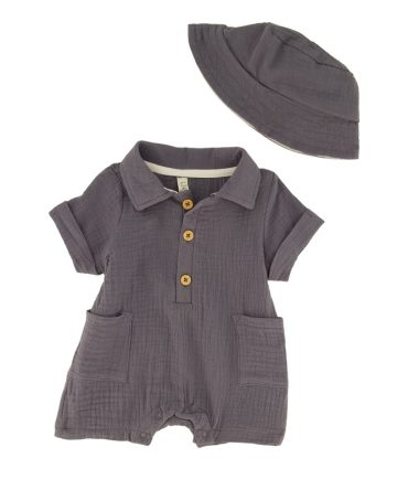 Baby Boys 0-9M Gauze Knit Pocket Romper with Bucket Hat