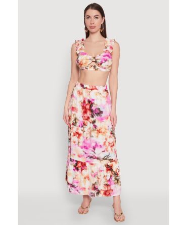 High Waisted Floral Print Tiered Skirt