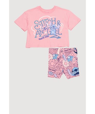 Little Girls Stitch and Angel Graphic Tee and Biker Shorts