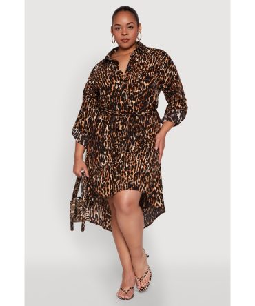 Plus Size Leopard Print Tie Waist High Low Shirt Dress