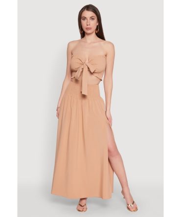 Smocked High Waist Side Slit Skirt