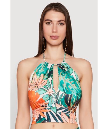 Tropical Print Keyhole Cropped Halter Top