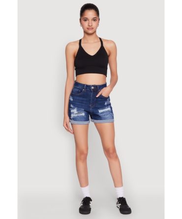 WAX Distressed Denim Mom Shorts
