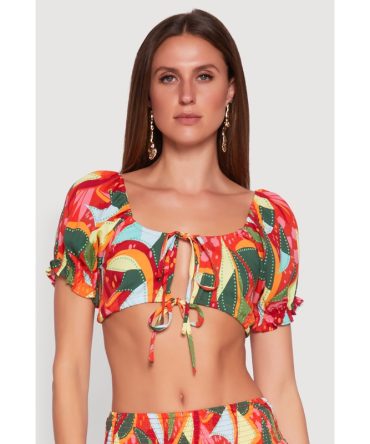 Abstract Print Drawstring Keyhole Crop Top