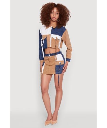 Color Blocked Denim Cargo Skirt