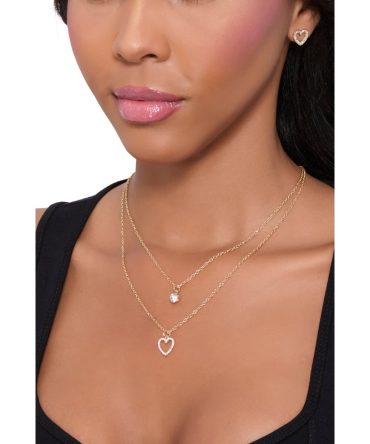 Heart Charm Layered Necklace and Stud Earrings Set