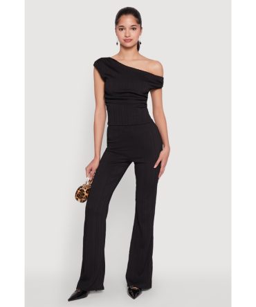 High Waisted Textured Knit Boot Cut Pants