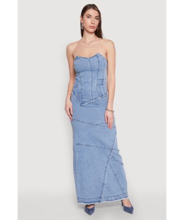 Lace Up Back Strapless Denim Maxi Dress