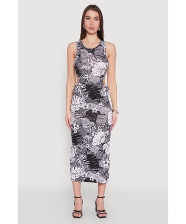 Leaf Newspaper Print Midi Dress
