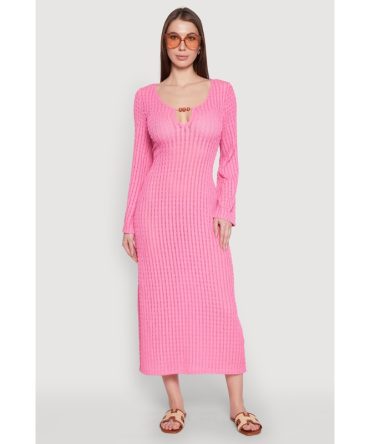Textured Knit Beaded Keyhole Shadow Stripe Dress