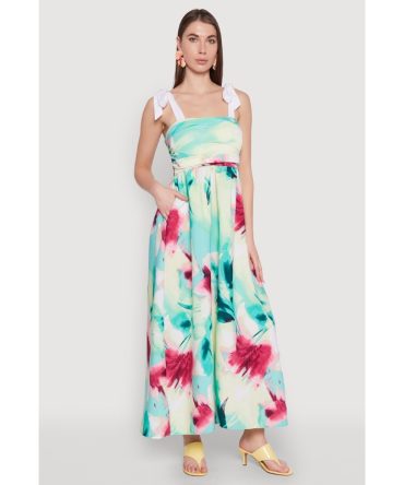 Tie Strap Smocked Floral Print Dress