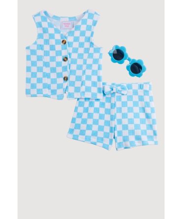 Baby Girls 12-24M Checkered Vest and Shorts with Sunglasses