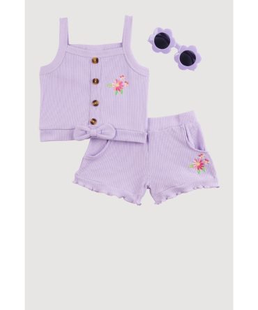 Baby Girls 12-24M Embroidered Rib Knit Tank Top and Shorts