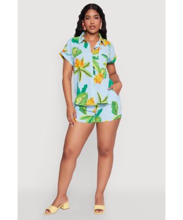 Banana Tropical Print Elastic Waist Shorts