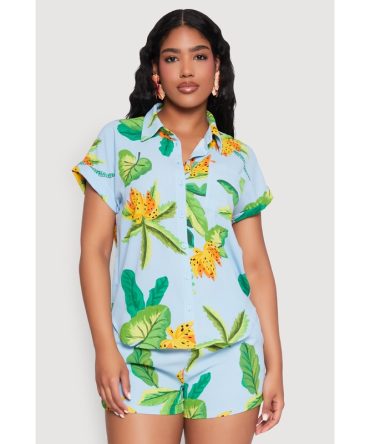 Banana Tropical Print Fixed Cuff Shirt