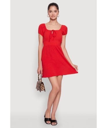 Crepe Knit Puff Sleeve Peasant Dress