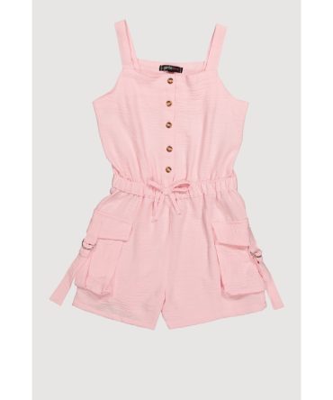 Girls Button Front Tabbed Cargo Pocket Romper
