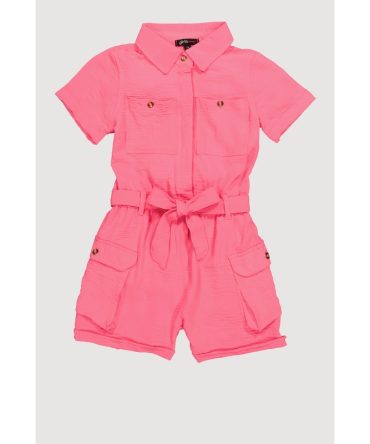 Girls Crepe Knit Tie Waist Belted Utility Romper