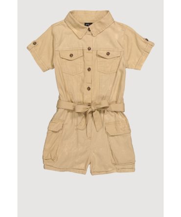 Girls Twill Tie Waist Belted Utility Romper