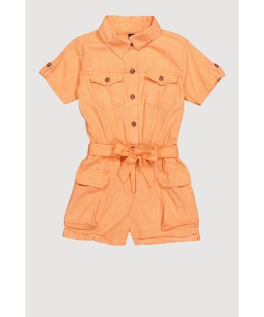 Little Girls Twill Tie Waist Belted Utility Romper