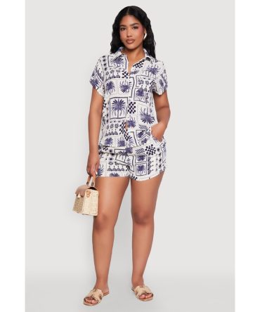 Palm Tree Print Elastic Waist Shorts