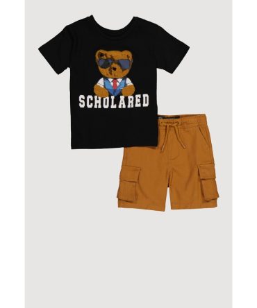 Toddler Boys Chenille Bear Scholared Tee and Cargo Shorts