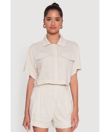 Trendy Linen Flap Detail Button Front Cropped Shirt